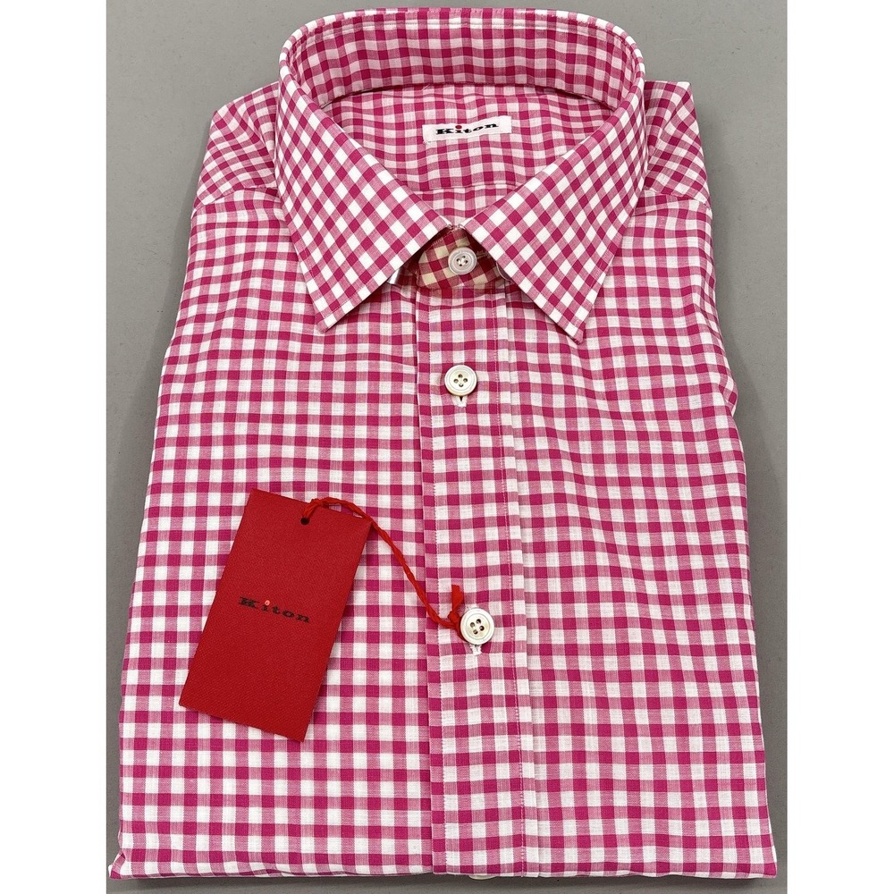 Kiton Shirt Men 15.75 40 Pink Gingham Regular Fit Long Sleeve Dress Italy NWT